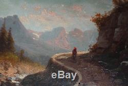 Small 19th Century Oil Painting On Wood Mountain Landscape