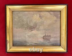 Small Antique French Marine Oil Painting on Wood Panel, Sailboat, 21 x 15.5 cm, Pochade