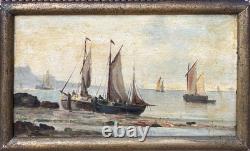 Small Antique Original Oil Painting Seascape Fishing Boat, Framed