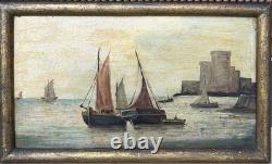 Small Antique Original Oil Painting Seascape Fishing Boat, Framed
