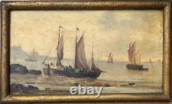 Small Antique Original Oil Painting Seascape Fishing Boat, Framed