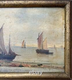Small Antique Original Oil Painting Seascape Fishing Boat, Framed