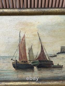 Small Antique Original Oil Painting Seascape Fishing Boat, Framed