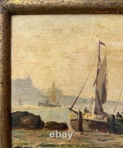 Small Antique Original Oil Painting Seascape Fishing Boat, Framed
