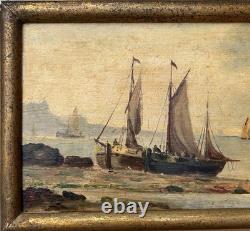 Small Antique Original Oil Painting Seascape Fishing Boat, Framed