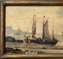 Small Antique Original Oil Painting Seascape Fishing Boat, Framed