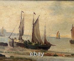 Small Antique Original Oil Painting Seascape Fishing Boat, Framed