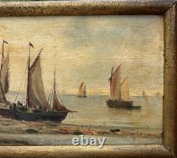 Small Antique Original Oil Painting Seascape Fishing Boat, Framed