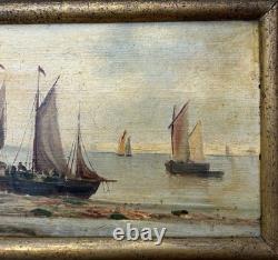 Small Antique Original Oil Painting Seascape Fishing Boat, Framed