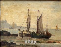 Small Antique Original Oil Painting Seascape Fishing Boat, Framed
