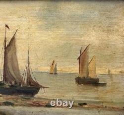 Small Antique Original Oil Painting Seascape Fishing Boat, Framed