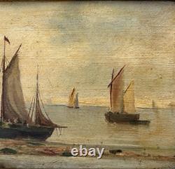 Small Antique Original Oil Painting Seascape Fishing Boat, Framed