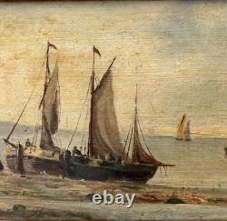 Small Antique Original Oil Painting Seascape Fishing Boat, Framed