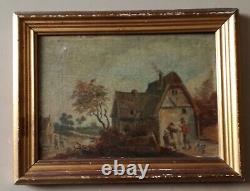 Small Flemish Painting, 19th Century, Country Scene, Oil On Wood, Signed