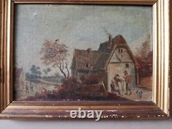 Small Flemish Painting, 19th Century, Country Scene, Oil On Wood, Signed