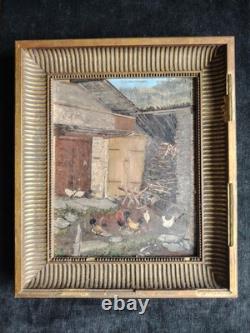 Small Oil on Wood Chicken Coop and Its Hens First Half of the 20th Century