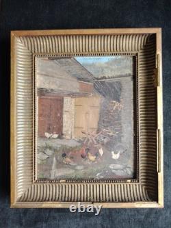 Small Oil on Wood Chicken Coop and Its Hens First Half of the 20th Century