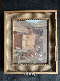Small Oil on Wood Chicken Coop and Its Hens First Half of the 20th Century