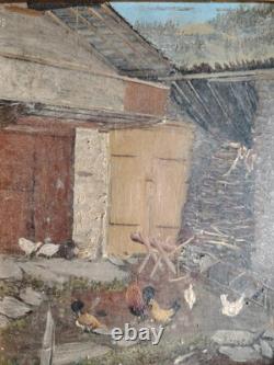 Small Oil on Wood Chicken Coop and Its Hens First Half of the 20th Century