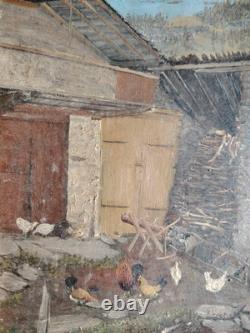 Small Oil on Wood Chicken Coop and Its Hens First Half of the 20th Century