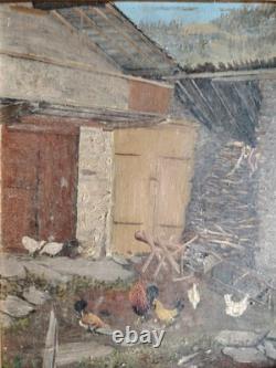 Small Oil on Wood Chicken Coop and Its Hens First Half of the 20th Century