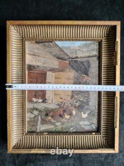 Small Oil on Wood Chicken Coop and Its Hens First Half of the 20th Century