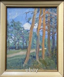 Small Original Antique Landscape, Trees, Nature Park, Oil Painting, Framed