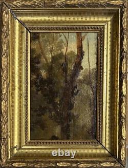 Small Original Antique Trees Sky Nature, Oil Painting, Framed