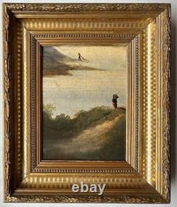 Small Superb Seascape Antique Oil Painting Fishing Landscape, Hand Made, Framed
