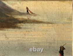 Small Superb Seascape Antique Oil Painting Fishing Landscape, Hand Made, Framed