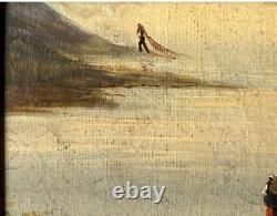 Small Superb Seascape Antique Oil Painting Fishing Landscape, Hand Made, Framed