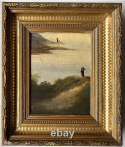 Small Superb Seascape Antique Oil Painting Fishing Landscape, Hand Made, Framed