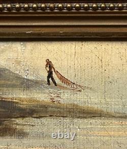 Small Superb Seascape Antique Oil Painting Fishing Landscape, Hand Made, Framed