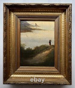 Small Superb Seascape Antique Oil Painting Fishing Landscape, Hand Made, Framed
