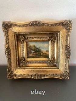 Small antique 19th-century painting, oil on wood panel, signed