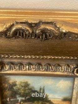 Small antique 19th-century painting, oil on wood panel, signed
