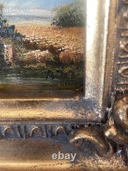 Small antique 19th-century painting, oil on wood panel, signed
