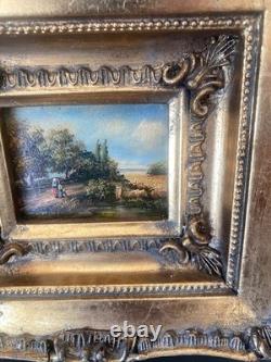 Small antique 19th-century painting, oil on wood panel, signed