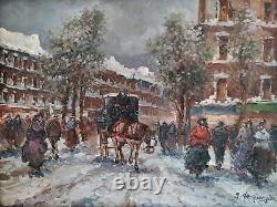 Snow in Paris Old Street Scene Beautiful Era Original Signed Oil Painting