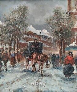 Snow in Paris Old Street Scene Beautiful Era Original Signed Oil Painting