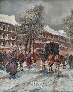 Snow in Paris Old Street Scene Beautiful Era Original Signed Oil Painting