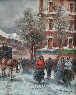 Snow in Paris Old Street Scene Beautiful Era Original Signed Oil Painting