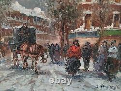 Snow in Paris Old Street Scene Beautiful Era Original Signed Oil Painting