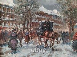 Snow in Paris Old Street Scene Beautiful Era Original Signed Oil Painting