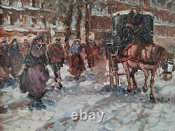 Snow in Paris Old Street Scene Beautiful Era Original Signed Oil Painting