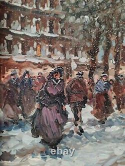 Snow in Paris Old Street Scene Beautiful Era Original Signed Oil Painting