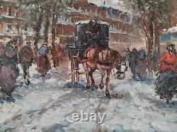 Snow in Paris Old Street Scene Beautiful Era Original Signed Oil Painting