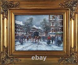 Snow in Paris Old Street Scene Beautiful Era Original Signed Oil Painting