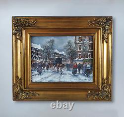 Snow in Paris Old Street Scene Beautiful Era Original Signed Oil Painting