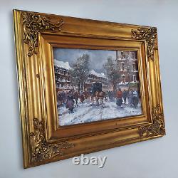 Snow in Paris Old Street Scene Beautiful Era Original Signed Oil Painting